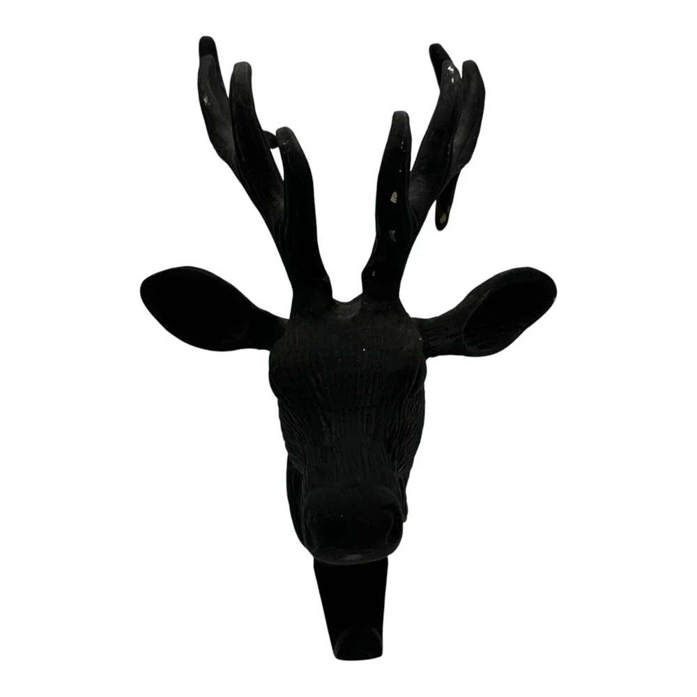 Vtg Matte Black Brass Trophy Deer Buck Stag‎ Head Antler Coat Hook Rack 11